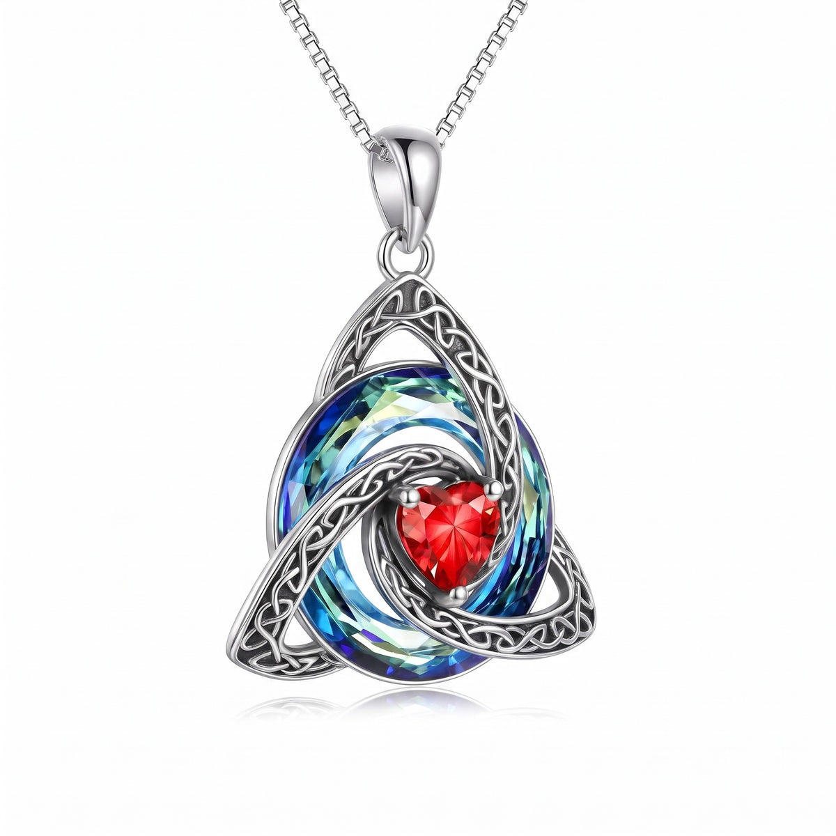 Witch Knot Birthstone Necklace, Celtic triquetra pendant with a heart birthstone