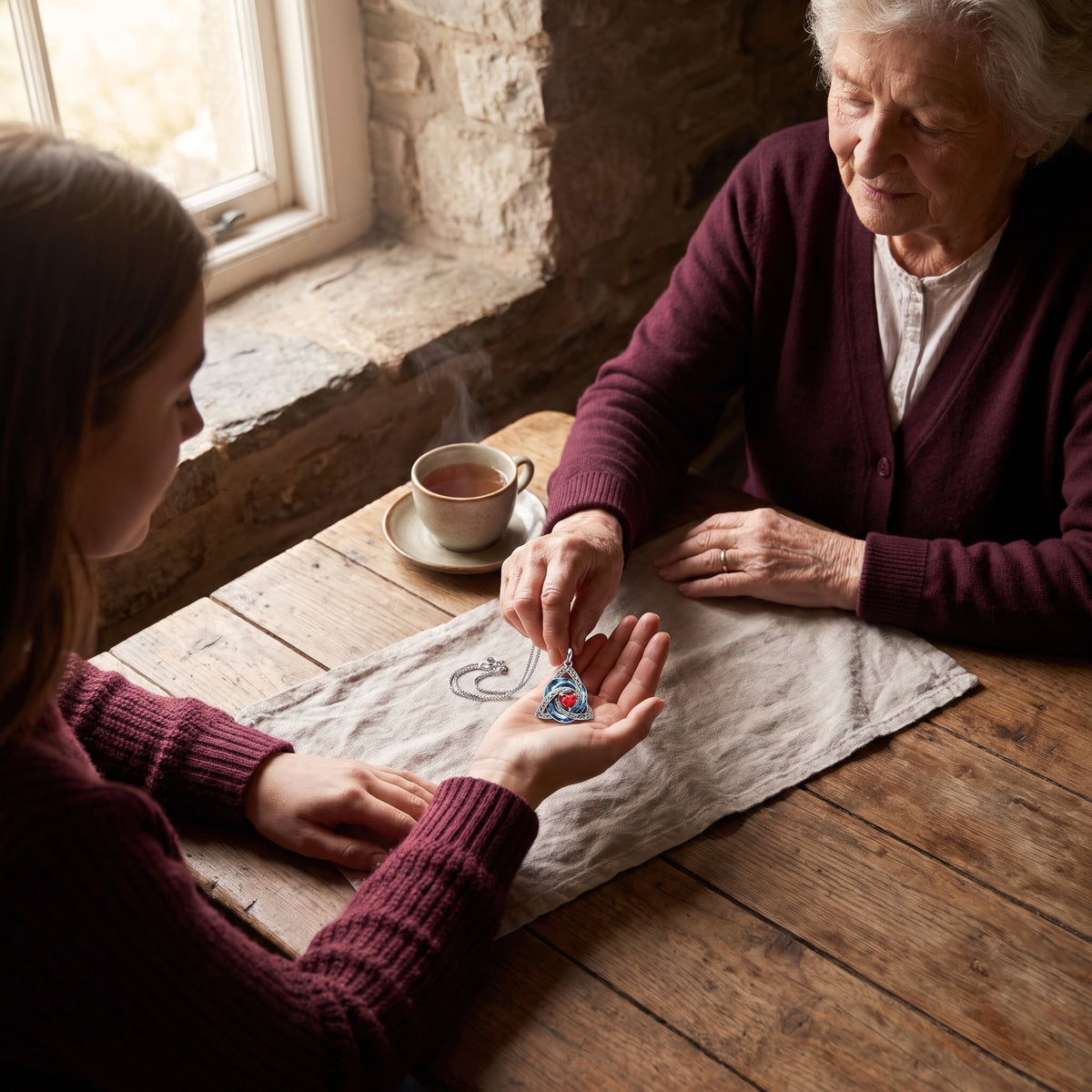 A grandmother passing the witch knot necklace into her granddaughter's hand