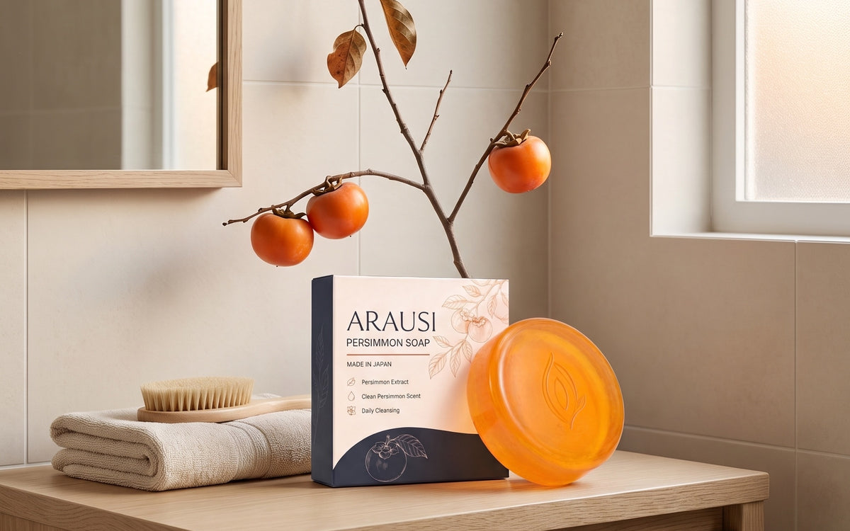 Arausi persimmon soap bar and box on a bathroom counter beside a persimmon branch