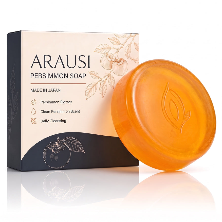 Arausi persimmon soap bar next to its box