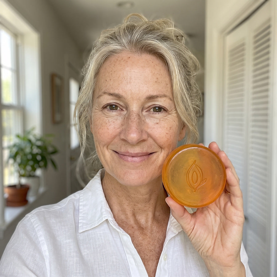 A woman at home holding an Arausi persimmon soap bar