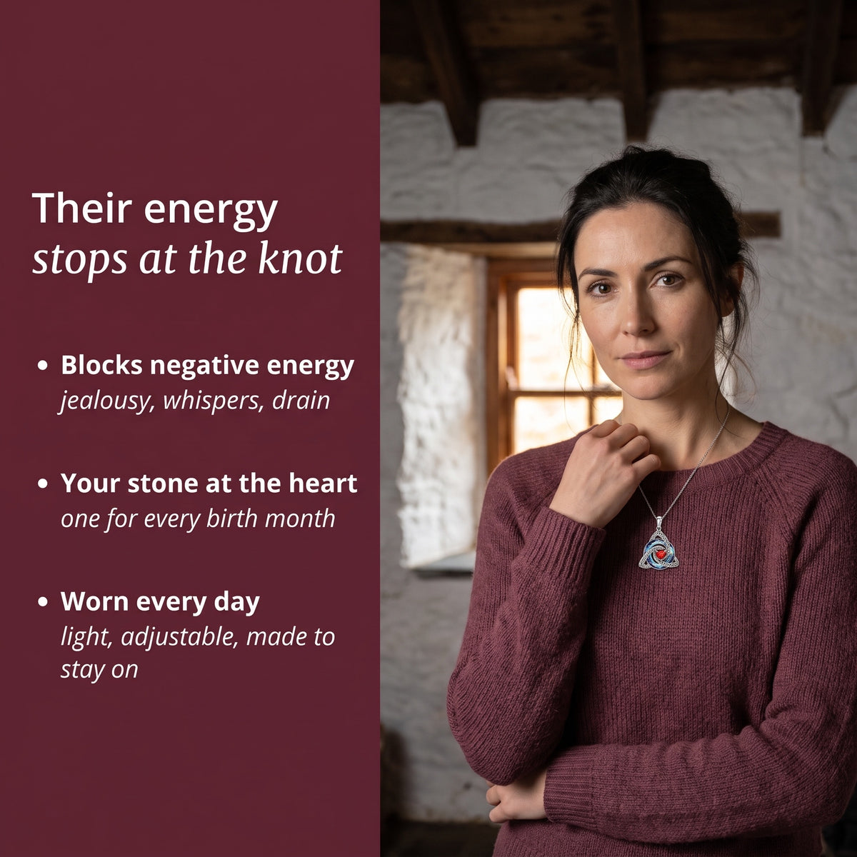 Their energy stops at the knot: woman wearing the witch knot necklace