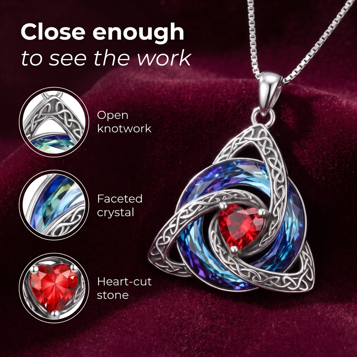 Close details: open knotwork, faceted crystal, heart-cut stone
