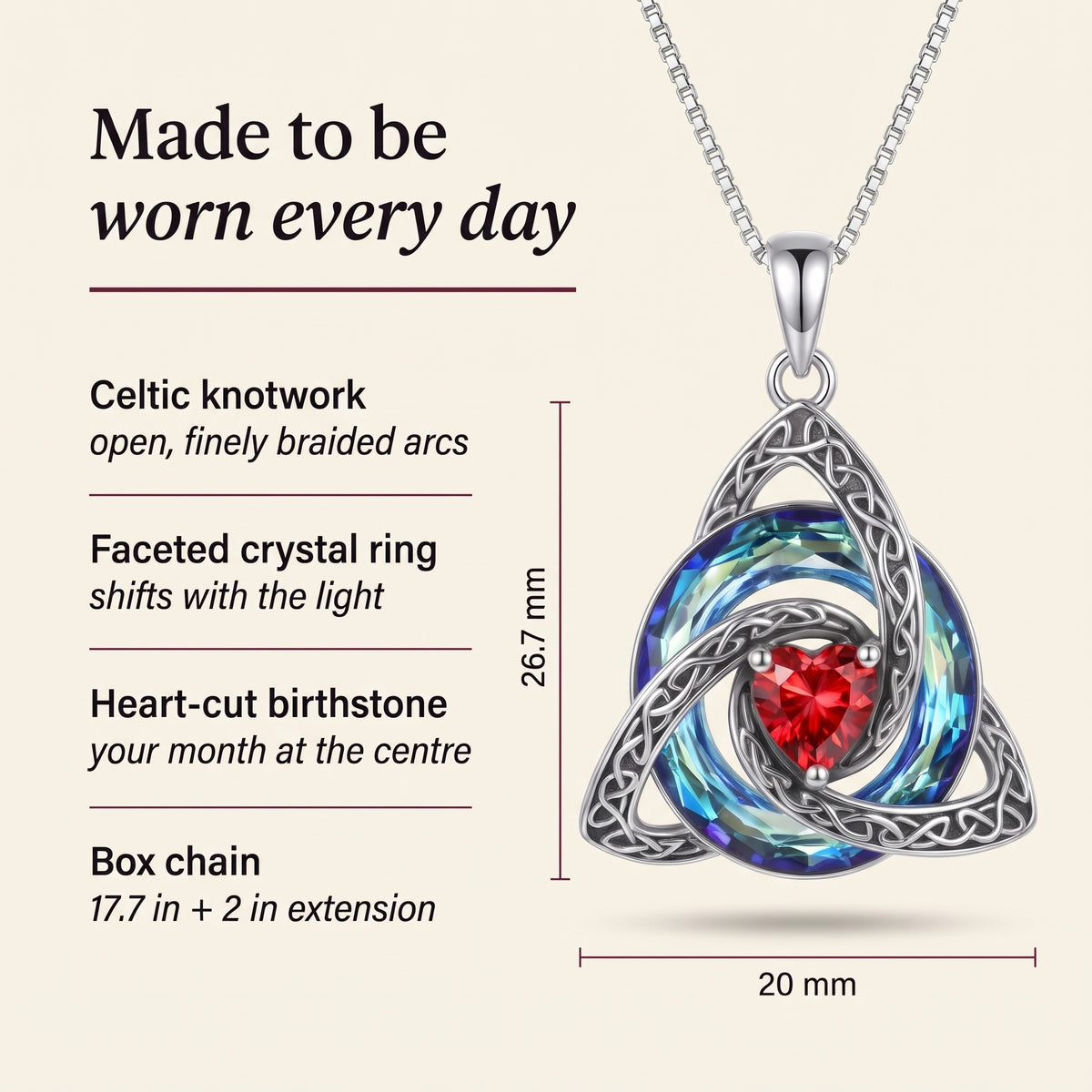 Size: pendant 26.7 x 20 mm, box chain 17.7 in plus 2 in extension